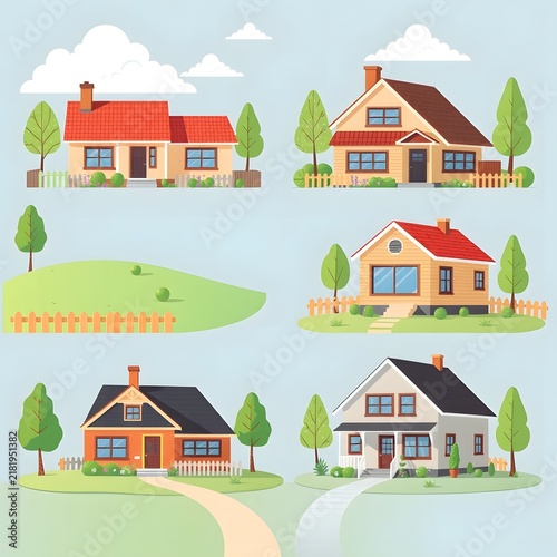 Illustrated suburban houses with green lawns and trees