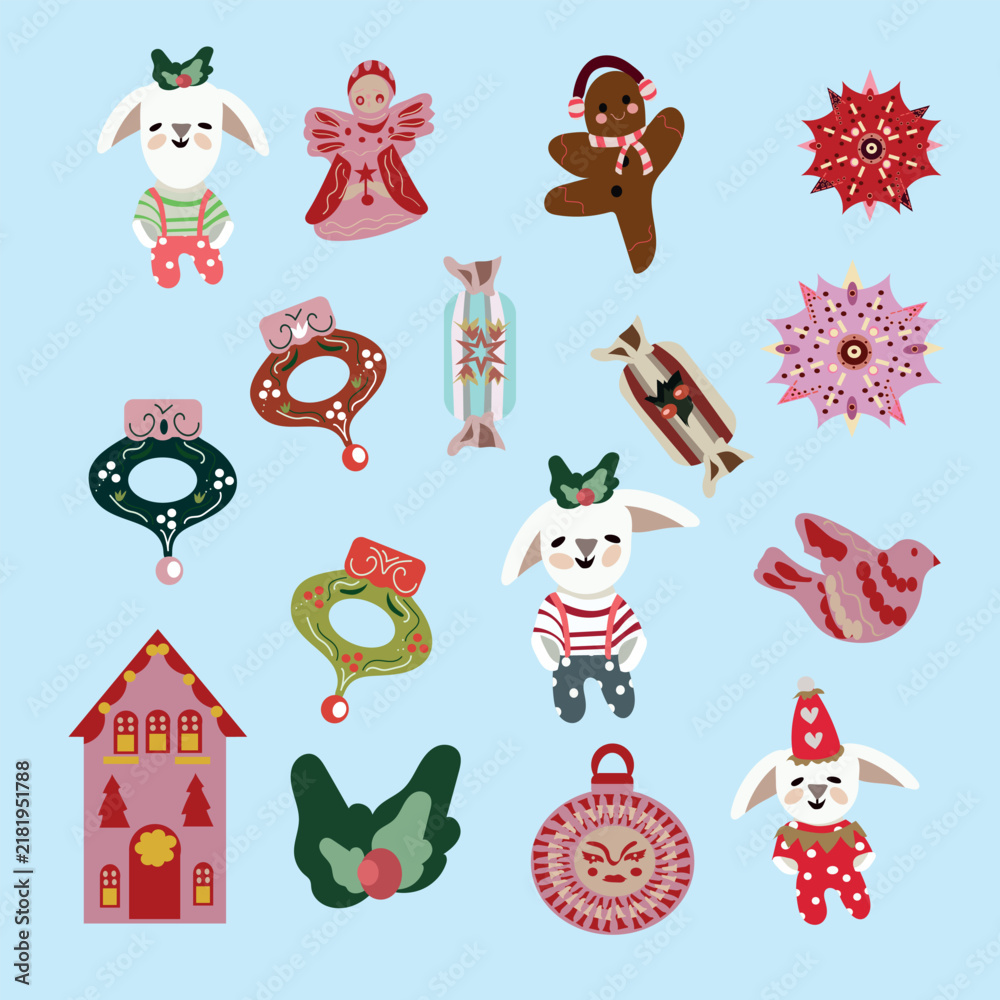 Naklejka premium Cute Christmas clipart vector set for holiday greeting card, gift tag, sticker pack, nursery print.