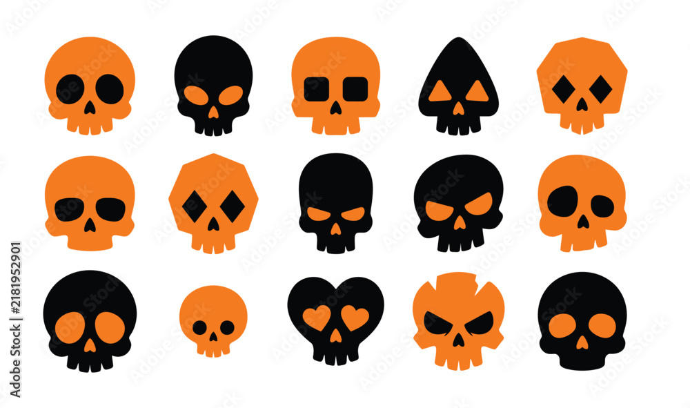 Obraz premium Set of orange and black skull icons for halloween