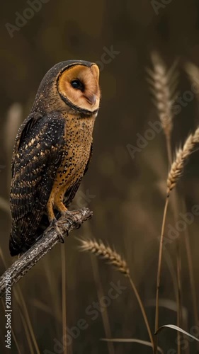 Majestic Lesser Sooty Owl perched on a branch