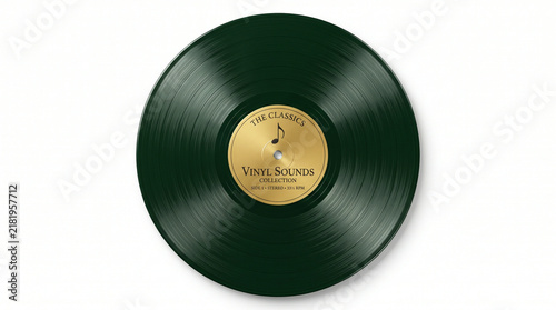 Black vinyl record with gold label isolated on white background for music industry design.