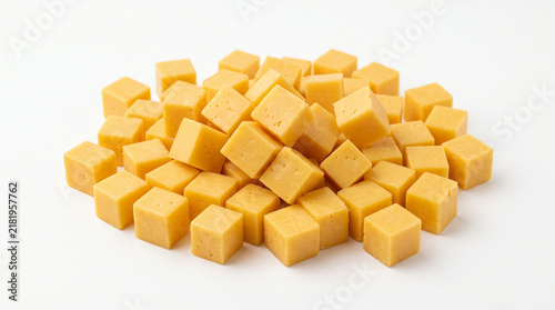 Close-up of neatly arranged yellow cheese cubes on white background