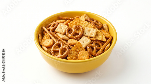 Yellow bowl filled with colorful cereal snack for breakfast or snack time