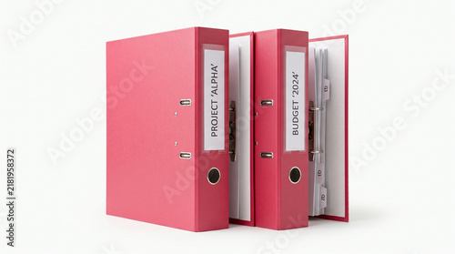 Three pink office ring binders for document organization isolated on white background