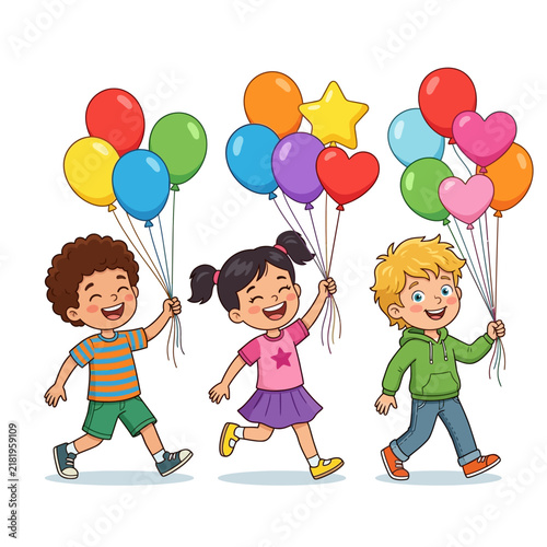 Joyful Children Holding Colorful Balloons Celebrating Fun And Childhood Moments