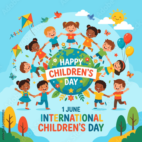 Joyful Children United Around Globe Celebrating International Children's Day Festivity