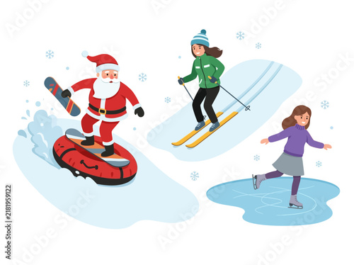 Joyful Christmas Characters Enjoying Winter Sports Activities