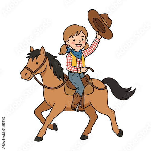 Joyful Cowgirl Riding Horse With Hat Raised High In Celebration