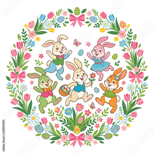 Joyful Easter Bunnies Dancing Within A Floral Spring Wreath