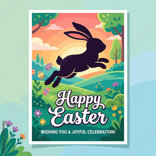 Joyful Easter Celebration With A Hopping Bunny And Spring Scenery