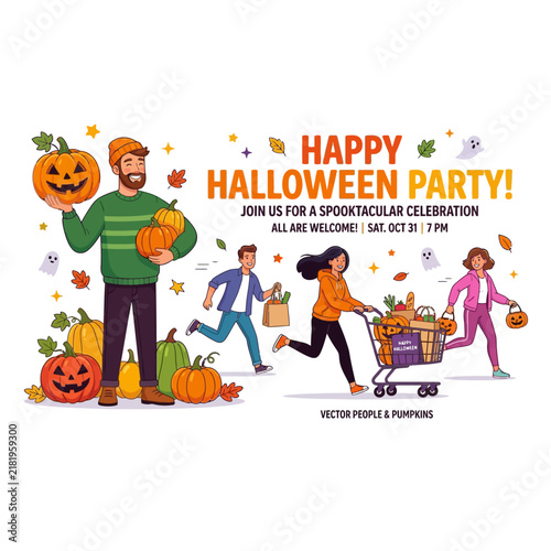 Happy Halloween Party Invitation Vector Illustration With Pumpkins And People