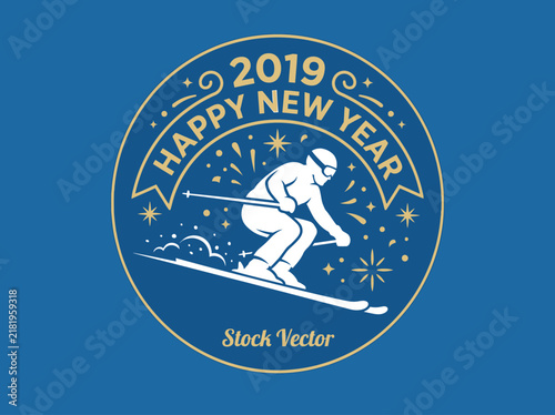 Happy New Year 2019 Skiing Celebration Badge Vector Illustration