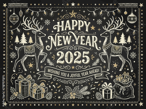 Happy New Year 2025 Chalkboard Art With Reindeer And Gifts