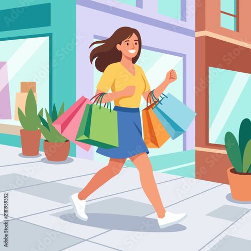 Happy Shopper Striding With Many Colorful Bags Down A Sunny Sidewalk