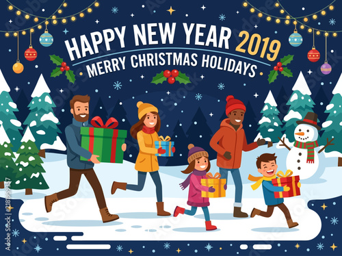 Happy New Year And Merry Christmas Family Togetherness In Snowfall