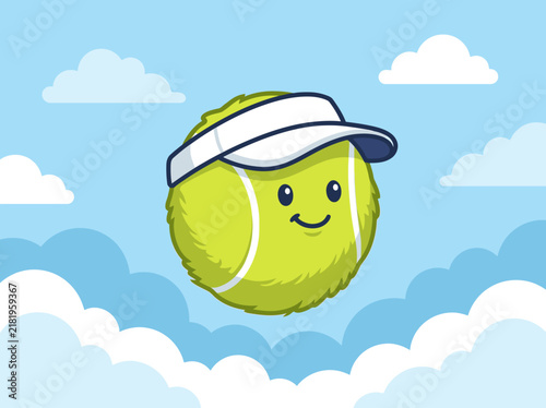 Happy Tennis Ball Character With Visor Floating In Blue Sky With Clouds