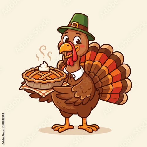 Happy Thanksgiving Turkey Holding Delicious Pie Cartoon
