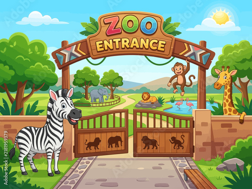 Happy Zoo Entrance With Diverse Animals And Sunny Sky