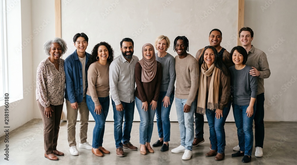 Fototapeta premium Diverse group of smiling people of various ages and ethnicities standing together indoors
