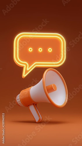 3D render of an orange megaphone and neon glowing speech bubble icon on a matching orange background. Communication, marketing, digital advertising, announcement.