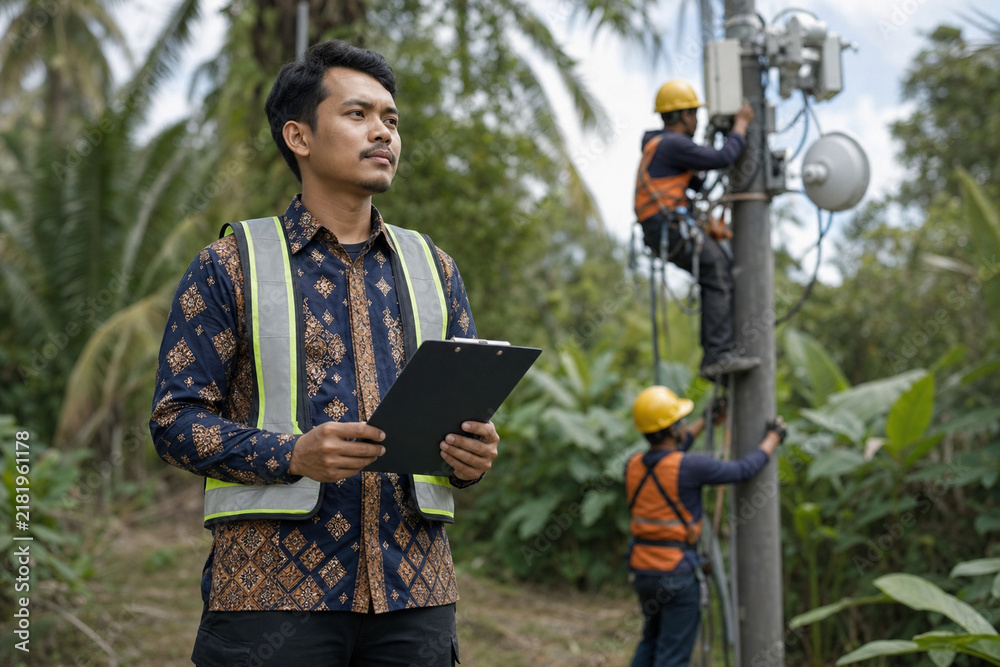 Fototapeta premium Batik telecom engineer working on plantation in blue