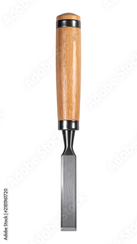 Wood chisel tool with a sharp steel blade and a polished wooden handle used for carpentry and construction  