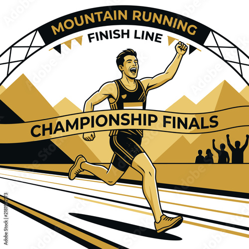 Excited Athlete Crossing Championship Finals Finish Line in Mountain Race Victory