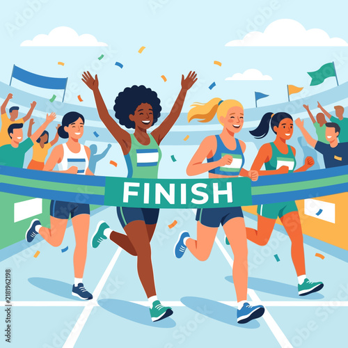 Excited Athletes Crossing The Finish Line In A Vibrant Race Celebration