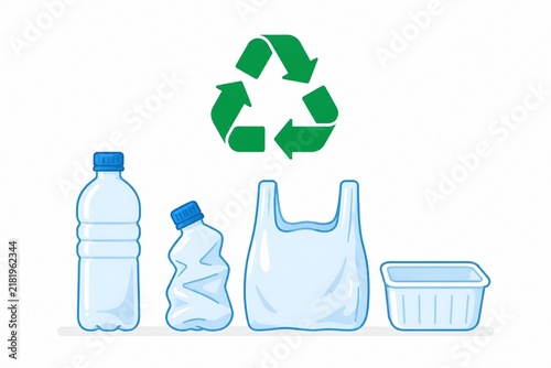 Recyclable Plastic Bottles and Bag with Green Recycling Symbol