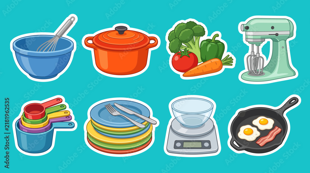 Fototapeta premium Colorful kitchen utensils vector illustration set featuring various cooking tools appliances fresh vegetables and breakfast items on bright blue background