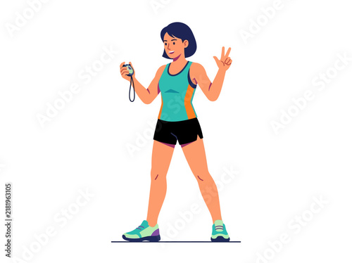 Energetic Fitness Coach Holding Stopwatch And Gesturing Victory