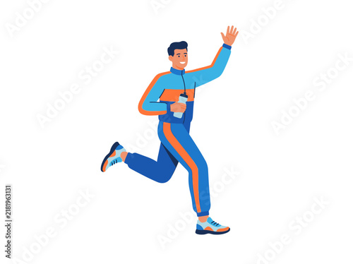 Energetic Male Jogger Waving Hello With Water Bottle
