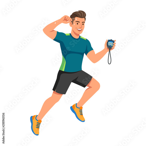Energetic Male Athlete Running With Stopwatch Capturing Athletic Achievement and Fitness Progress
