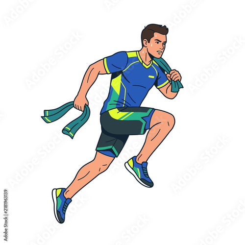 Energetic Male Athlete Running With Towel In Dynamic Sports Illustration