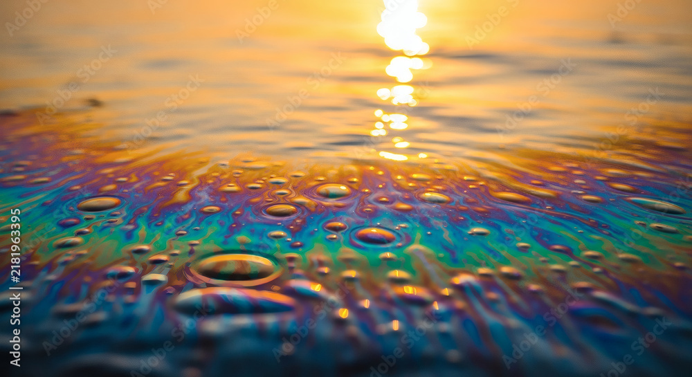Obraz premium Iridescent oil spill abstract background featuring vibrant rainbow colors reflecting on water surface with liquid droplets and golden sunlight glow