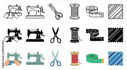Sewing machines, scissors, thread, measuring tape, fabric swatches are presented as a comprehensive icon set for textile and craft projects.