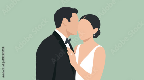 Groom kissing bride on cheek faceless minimalist flat vector illustration for wedding planning and bridal services
