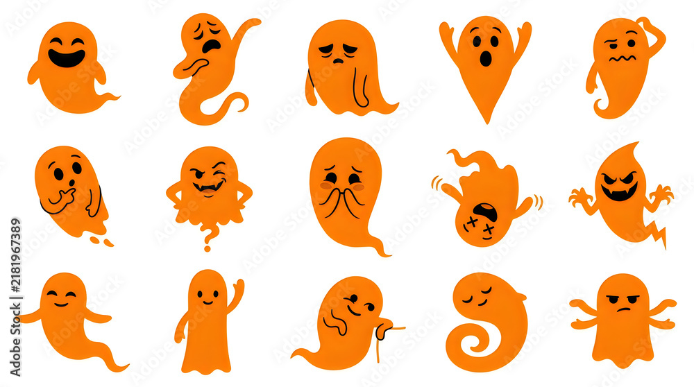 Fototapeta premium Happy cartoon ghost characters in different funny expressions