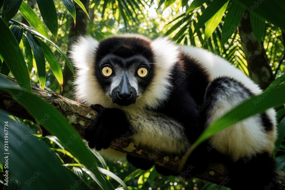 Obraz premium Close up of ruffed lemur sitting on tree branch in tropical jungle. Black, white primate with bright yellow eyes looks at camera. Wild animal rests among green palm leaves in Madagascar forest