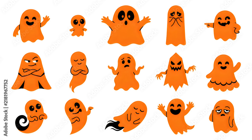 Fototapeta premium Happy cartoon ghost with various funny expressions