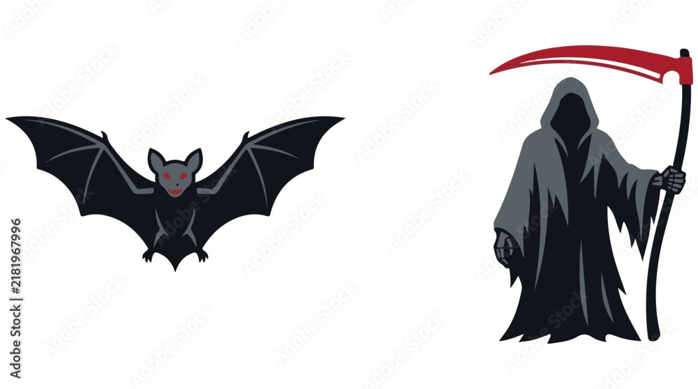 Fototapeta premium Vector illustration of a flying bat and a grim reaper with a scythe for Halloween design elements