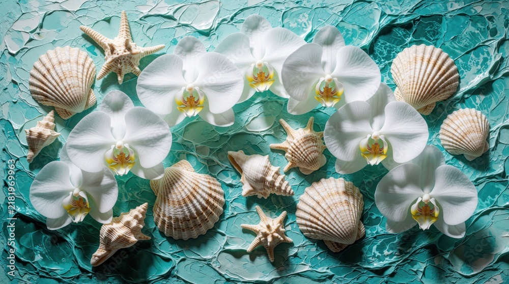 Obraz premium White orchid flowers, sea shells lie on teal textured background. Tropical maritime composition with starfish, scallops, exotic blooms. Elegant summer ocean theme for spa, wellness coastal decor