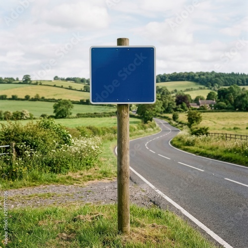 Blank Blue Roadside Sign Amidst Rolling Green Countryside Scenery