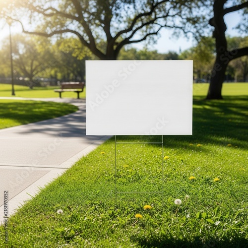Blank White Sign On Green Lawn In Sunny Park With Trees And Path