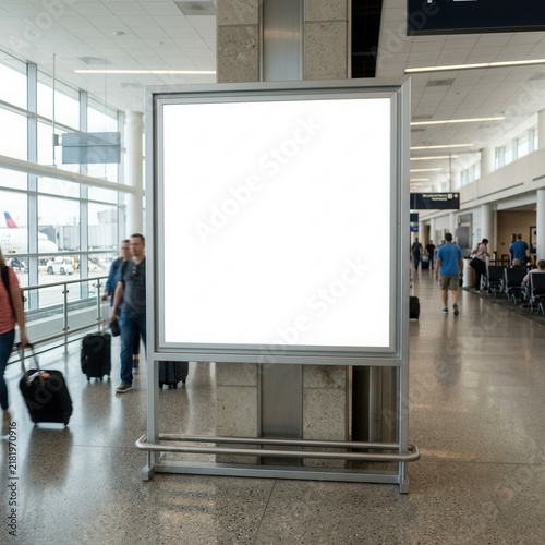 Blank Digital Billboard In A Busy Airport Terminal With Travelers