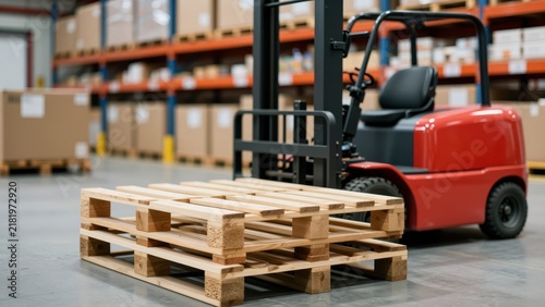 Red forklift truck with black seat and forks in warehouse, handling a wooden pallet on smooth concrete floor, industrial logistics and inventory management concept