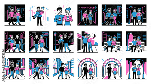 People in various poses and outfits.