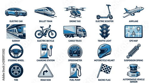 Transportation icons on white background.