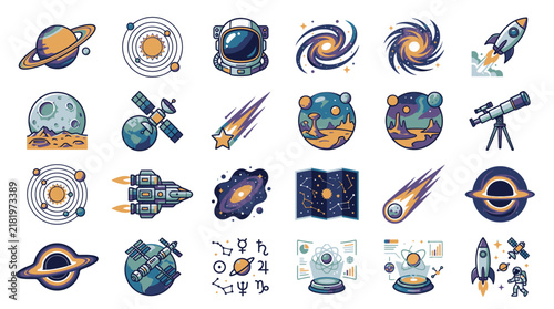 Space icons with planets and rockets.