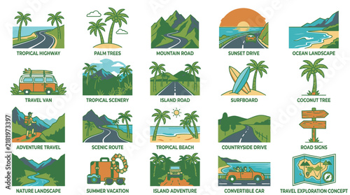 Tropical Vacation Travel Icon Set.